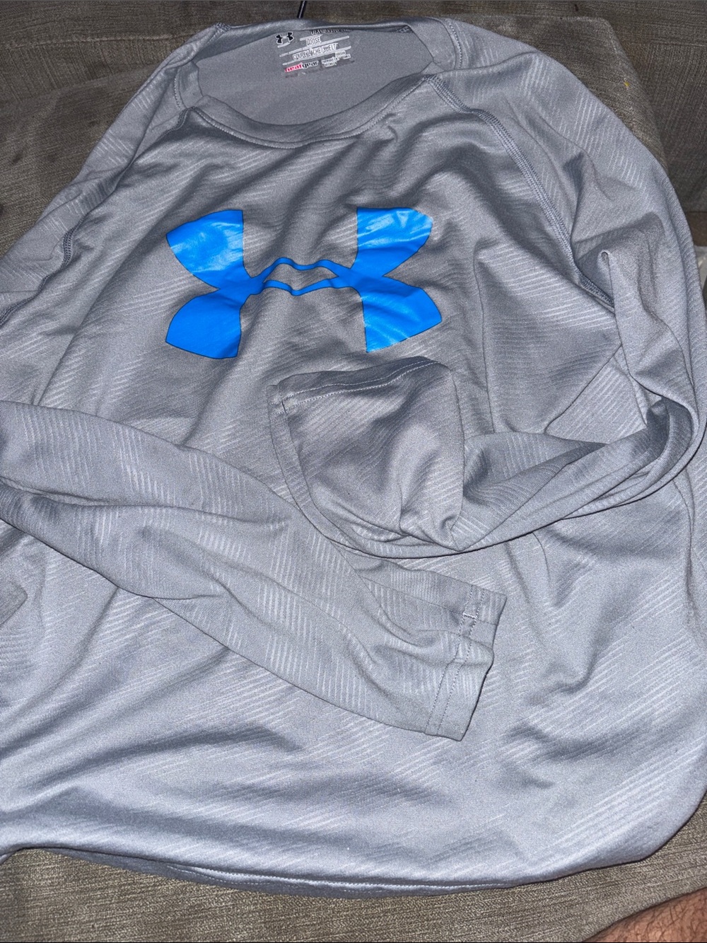 Under Armour Gray Long Sleeve Performance Tee with Blue Logo yxl